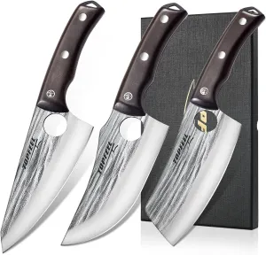 3PCS Butcher Knife Set, Hand Forged Chef, Boning & Nakiri Knives, High Carbon Steel Meat Cutting Knives for Kitchen, Camping, BBQ