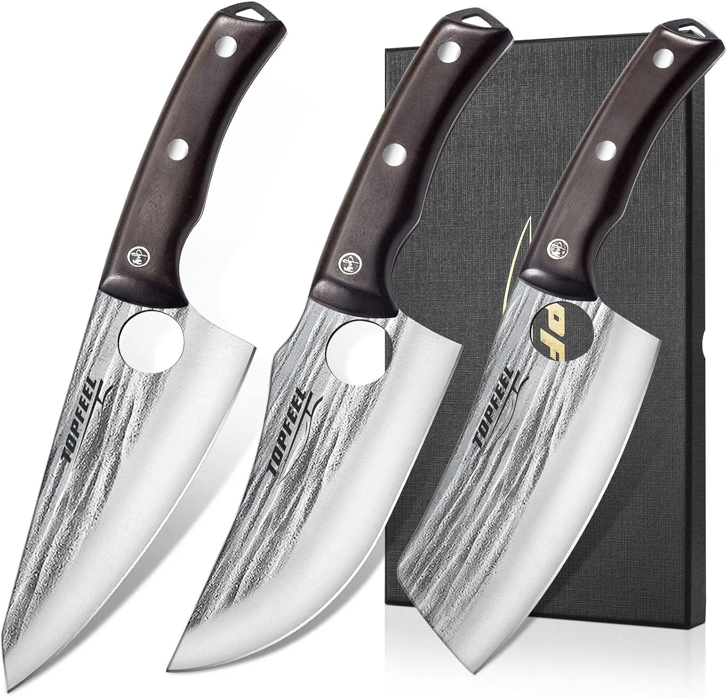 3PCS Butcher Knife Set, Hand Forged Chef, Boning & Nakiri Knives, High Carbon Steel Meat Cutting Knives for Kitchen, Camping, BBQ