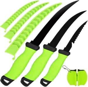 3PCS Fishing Fillet Knife Set Stainless Steel 5-7 Inch Pro Fish Knife for Filleting, with Sharpener, Fishing Gear, Fishing Tool Set, Fishing Accessories Gifts, Fishing Stuff, Green