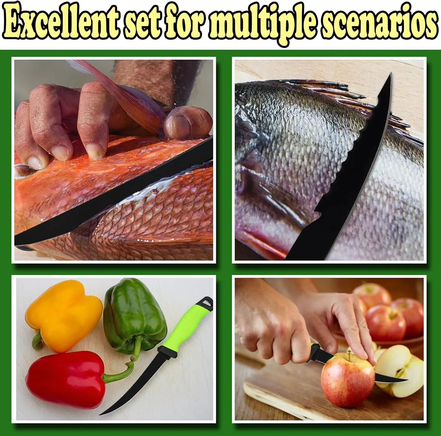 3PCS Fishing Fillet Knife Set Stainless Steel 5-7 Inch Pro Fish Knife for Filleting, with Sharpener, Fishing Gear, Fishing Tool Set, Fishing Accessories Gifts, Fishing Stuff, Green