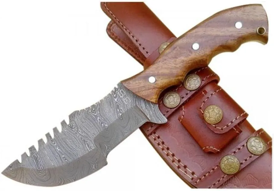 3S Handmade 10" Damascus Steel Tracker Knife Fixed Blade - Premium Quality for Hunting, Hiking, Camping and Survival tool with HardWood Handle, Handmade Premium Leather Sheath