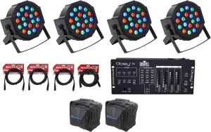 (4) FARENHEIT FHB-118 LED RGB DMX LED PAR Can Wash Lights Controller Cables Bag