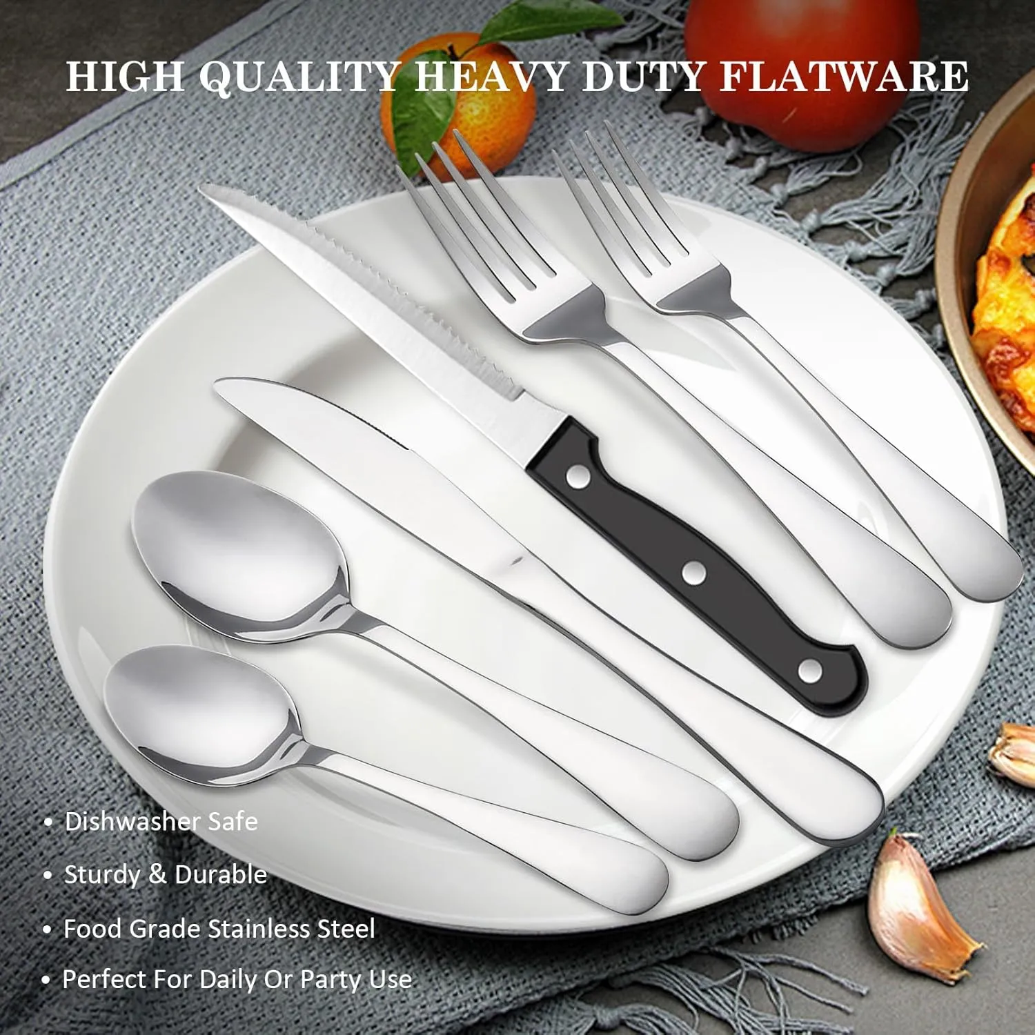 48-Piece Silverware Set Flatware Cutlery Set Service for 8, Durable Stainless Steel in Ergonomic Design Size and Weight, Kitchen Utensil Sets with Steak Knives, Rust-proof, Dishwasher Safe