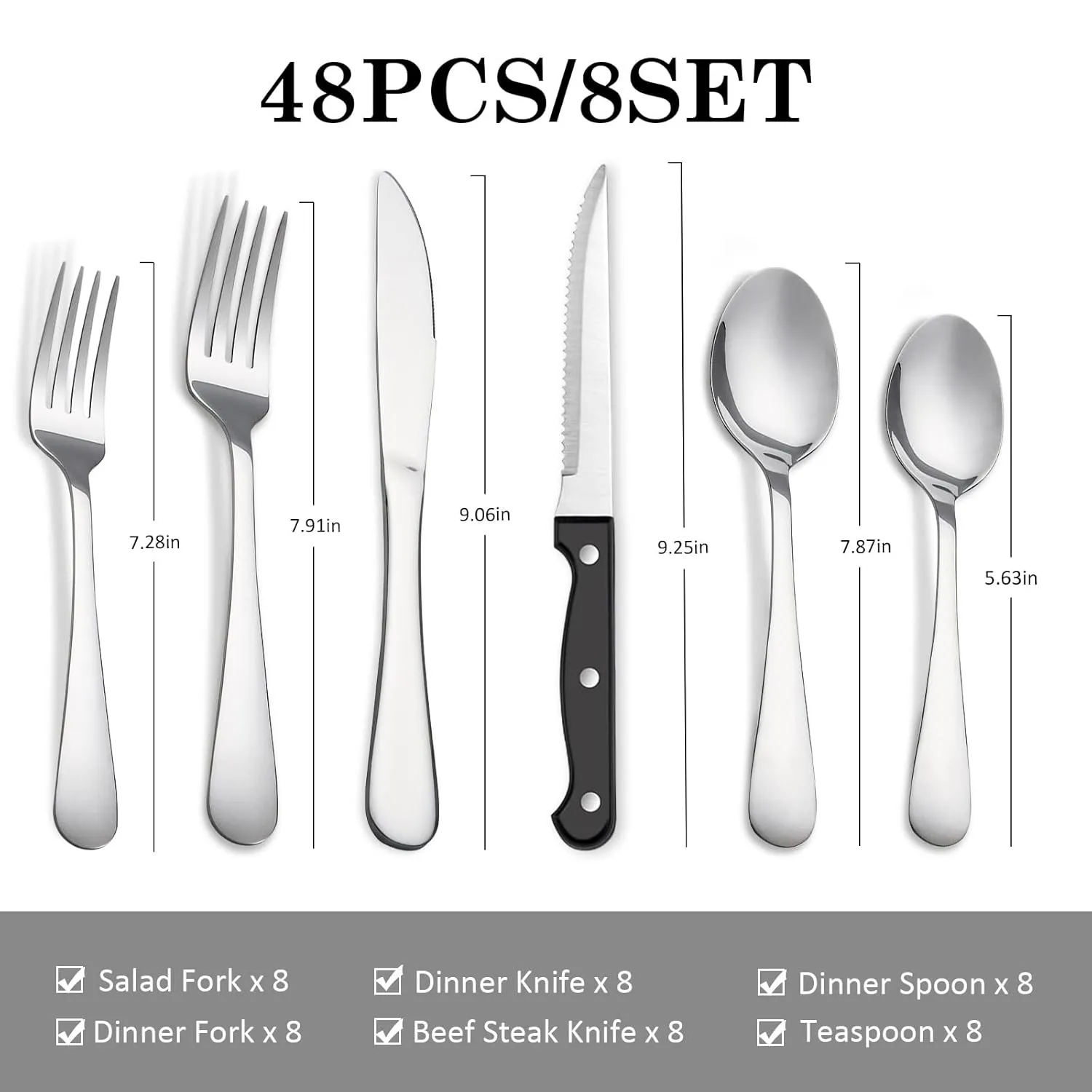 48-Piece Silverware Set Flatware Cutlery Set Service for 8, Durable Stainless Steel in Ergonomic Design Size and Weight, Kitchen Utensil Sets with Steak Knives, Rust-proof, Dishwasher Safe