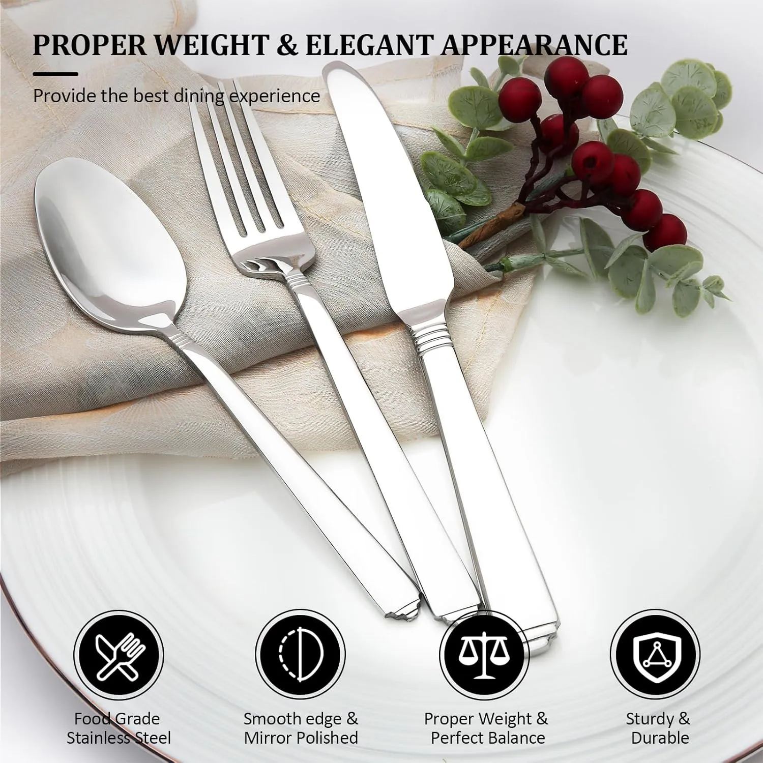 48-Piece Silverware Set Flatware Cutlery Set Service for 8, Durable Stainless Steel in Ergonomic Design Size and Weight, Kitchen Utensil Sets with Steak Knives, Rust-proof, Dishwasher Safe