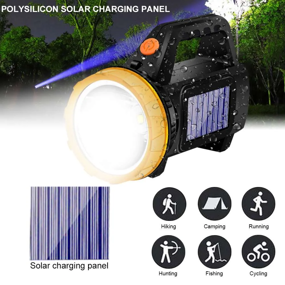 50000LM LED Portable Lantern USB Handheld Spotlight Solar Lantern Flashlight Searchlight With Side Light Waterproof 18650 Outdoor