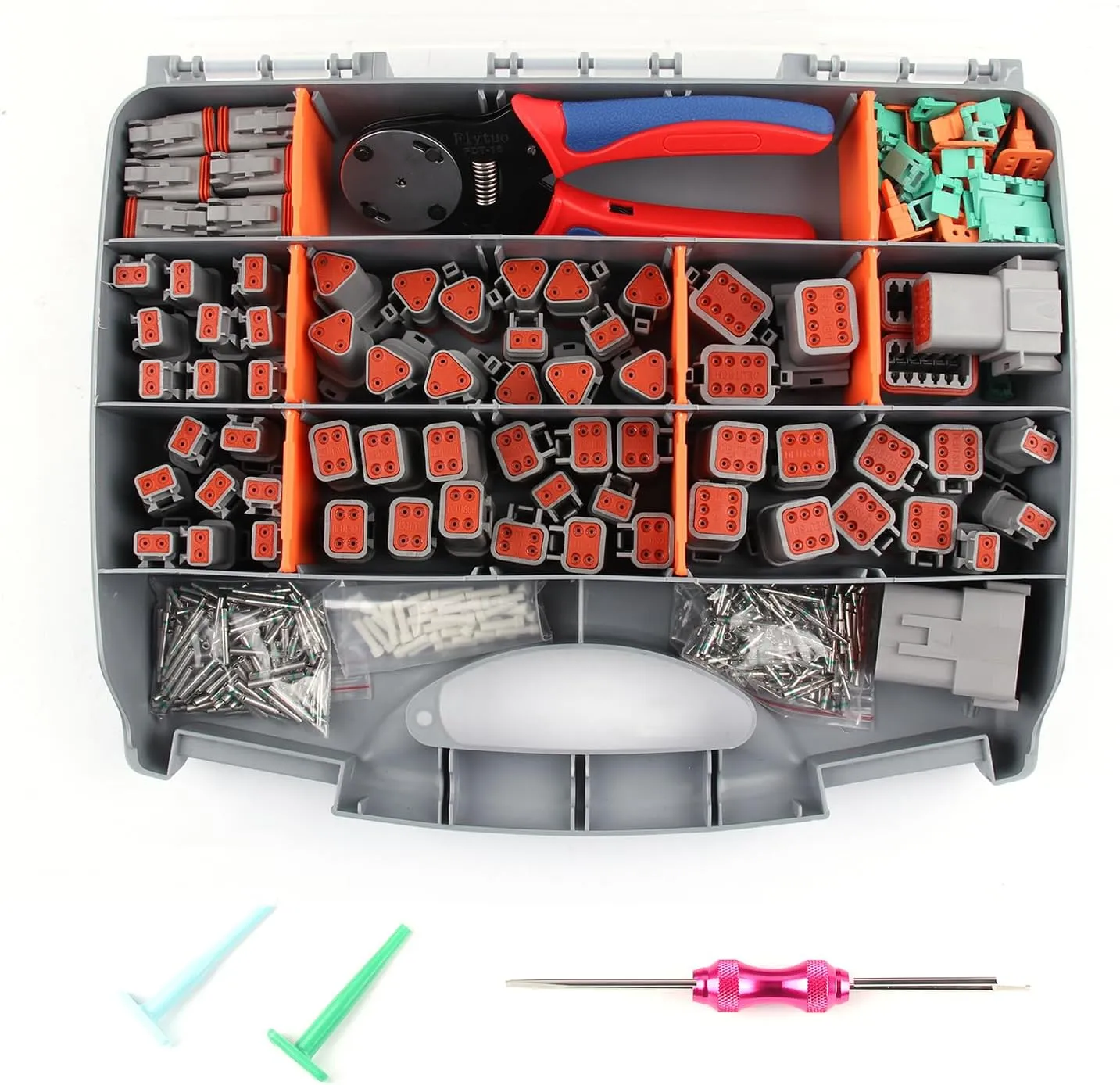 504PCS Deutsch Connectors Kit with Crimping Tool, 2/3/4/6/8/12 Pin DT Connectors with Removal Tool, Size 16 Solid Terminal Contacts, 14-18 AWG, FT-504TZ