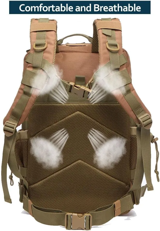 50L Tactical Military Backpack Waterproof Sturdy Bag for Hiking Camping Fishing Gym Backpack with Bottle Holder (Khaki)
