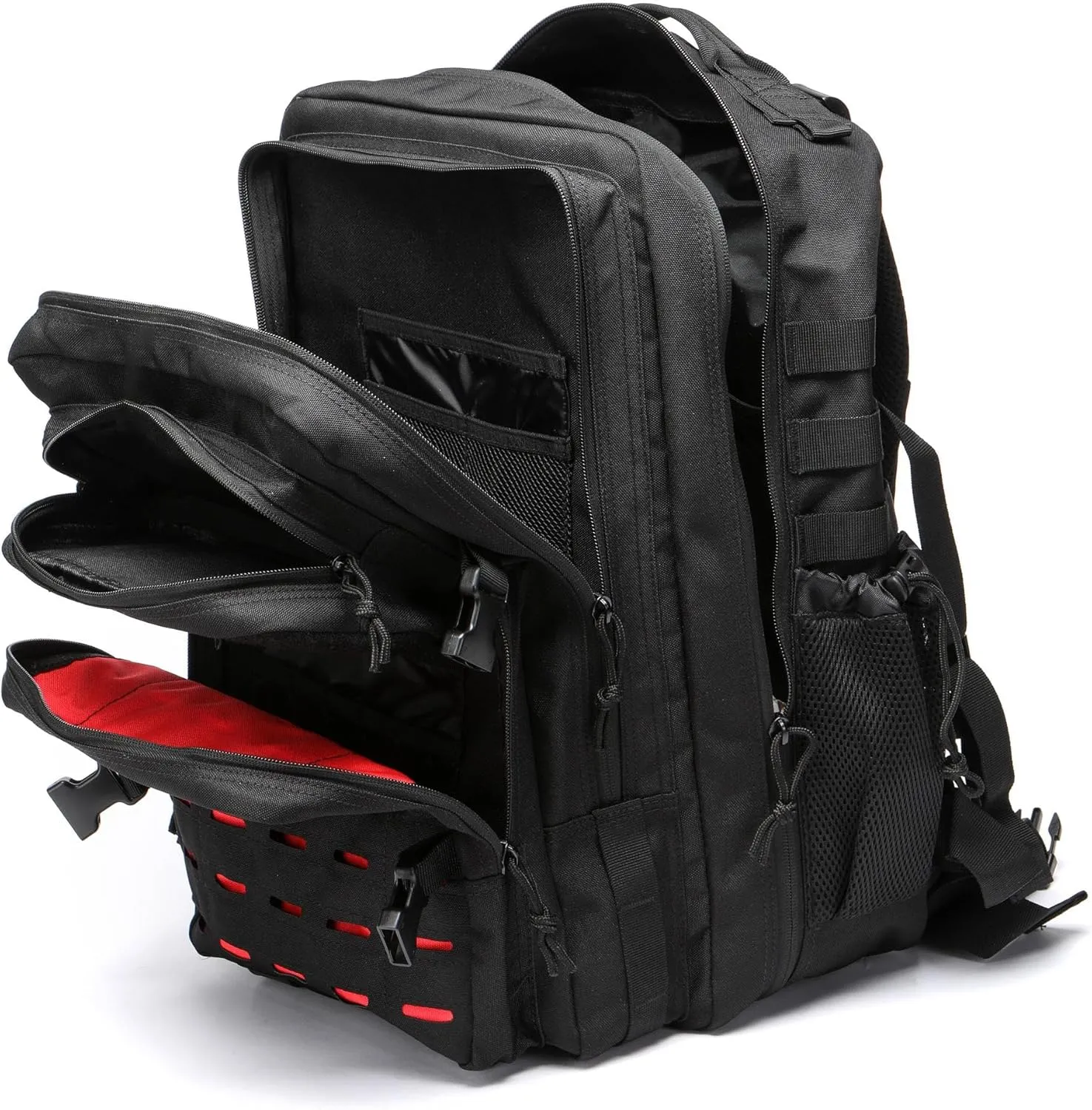 50L Tactical Military Backpack Waterproof Sturdy Bag for Hiking Camping Fishing Gym Backpack with Bottle Holder (Red Black)