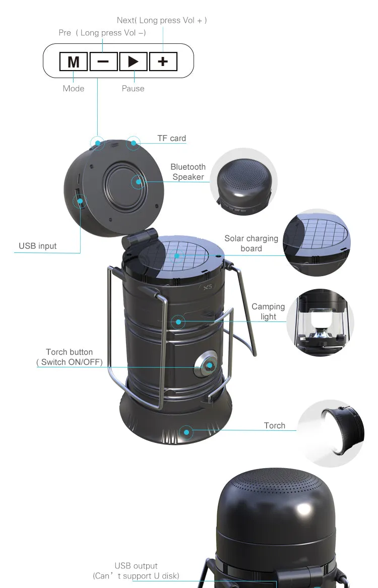 6 in 1 Solar Lantern, Flashlight, Bluetooth Wireless Speaker, Power Bank Phone Charger, FM Radio & MP3 Player