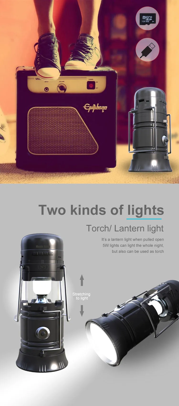 6 in 1 Solar Lantern, Flashlight, Bluetooth Wireless Speaker, Power Bank Phone Charger, FM Radio & MP3 Player