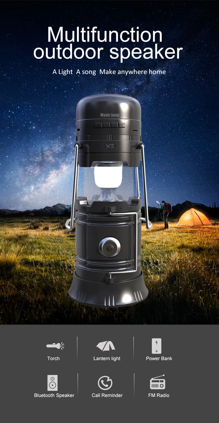 6 in 1 Solar Lantern, Flashlight, Bluetooth Wireless Speaker, Power Bank Phone Charger, FM Radio & MP3 Player