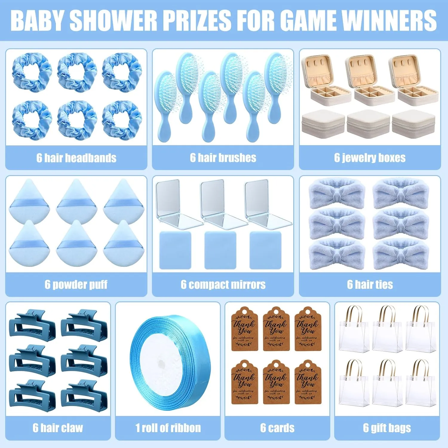 6 Sets Baby Shower Prizes for Winners Gifts Headband Hair Brush Jewelry Box Compact Mirror Powder Puff Hair Tie Claw Gift Bag Bridal Shower(Blue)