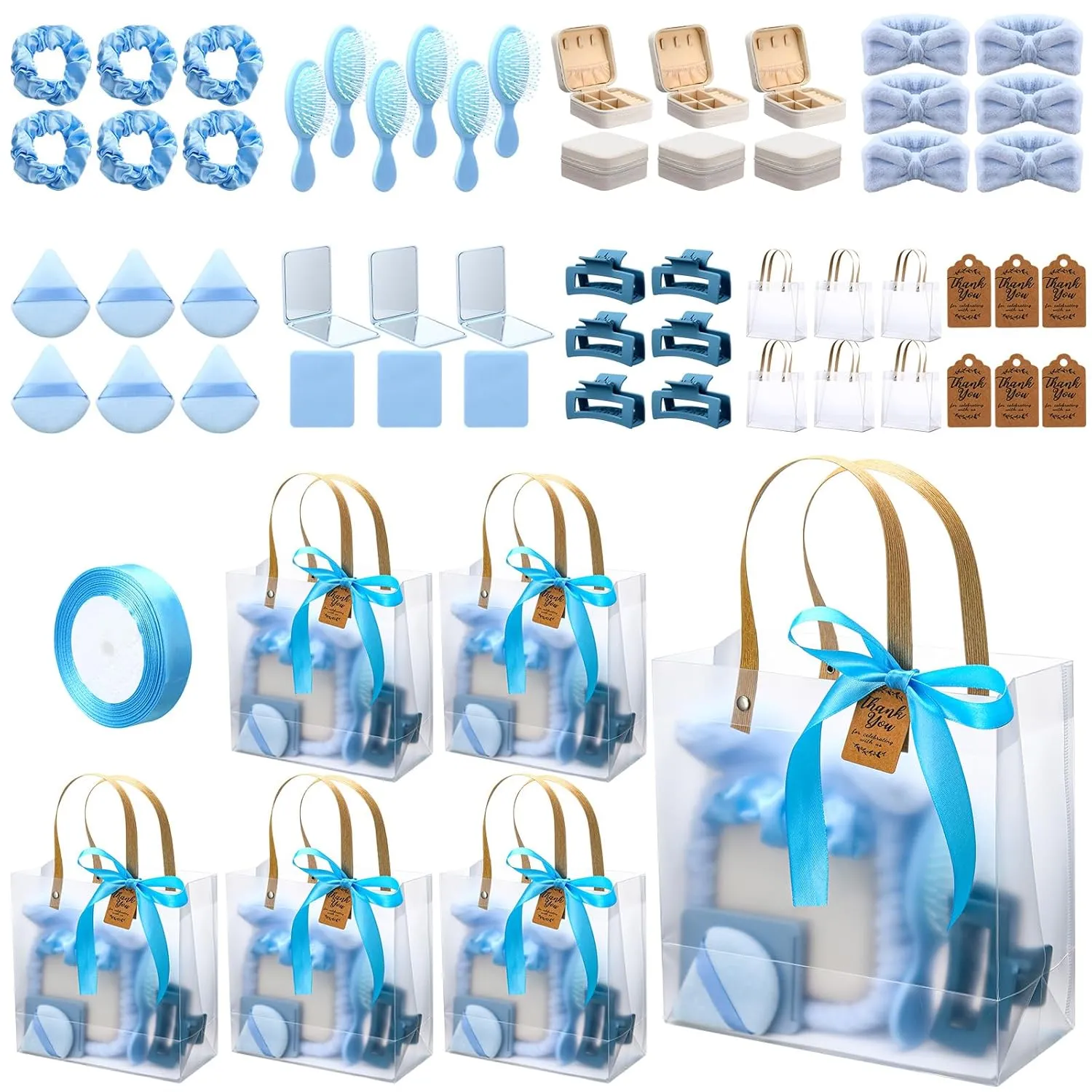 6 Sets Baby Shower Prizes for Winners Gifts Headband Hair Brush Jewelry Box Compact Mirror Powder Puff Hair Tie Claw Gift Bag Bridal Shower(Blue)