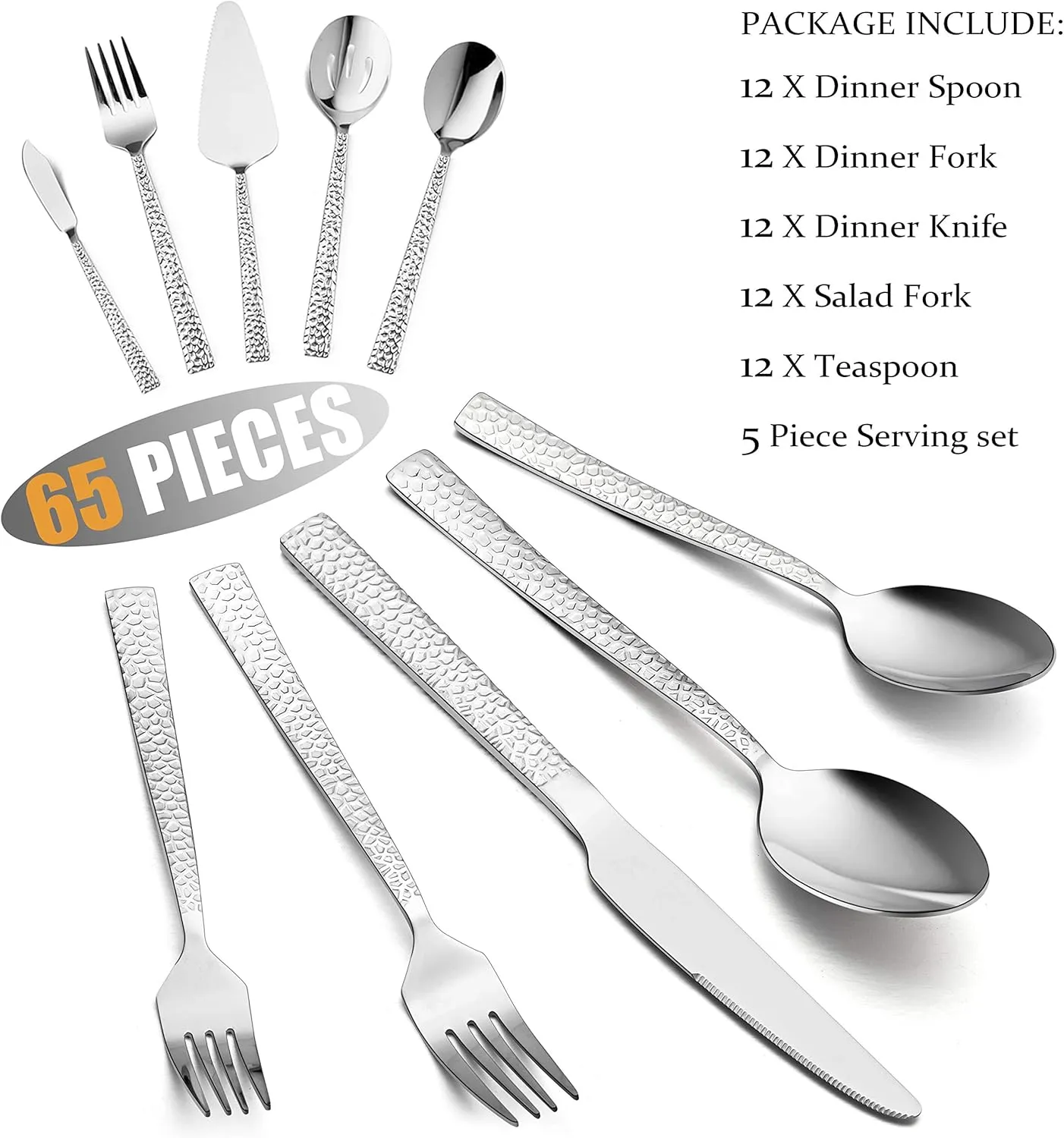 65-Piece Silverware Set with Serving Pieces, E-far Stainless Steel Hammered Flatware Eating Utensils Service for 12, Modern Tableware Cutlery Set with Square Edge, Mirror Polished, Dishwasher Safe