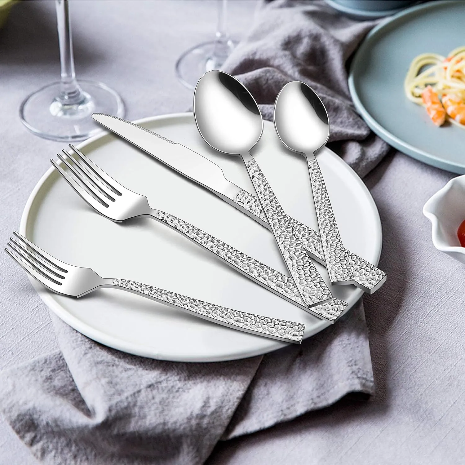 65-Piece Silverware Set with Serving Pieces, E-far Stainless Steel Hammered Flatware Eating Utensils Service for 12, Modern Tableware Cutlery Set with Square Edge, Mirror Polished, Dishwasher Safe