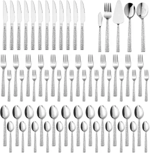 65-Piece Silverware Set with Serving Pieces, E-far Stainless Steel Hammered Flatware Eating Utensils Service for 12, Modern Tableware Cutlery Set with Square Edge, Mirror Polished, Dishwasher Safe