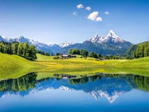 6.5x5ft(2x1.5m) Gorgeous Blue Sky White Cloud Snow Ice Mountain Forest Lake Grassland Beautiful Natural Scenery Tour Wedding Birthday Party Portrait Backdrop Photography Background 609