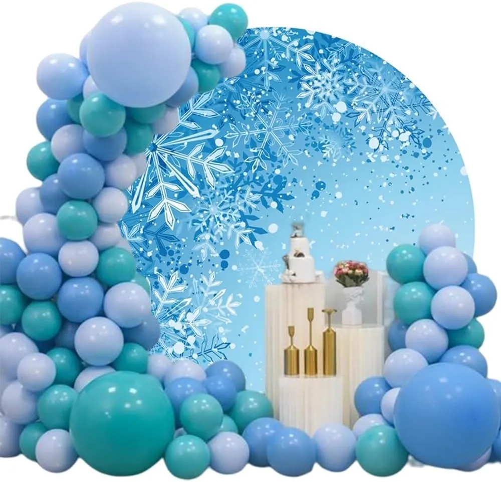 6.5x6.5ft Ice Blue Winter Round Backdrop Cover Snowflakes Winter Wonderland Circle Photography Background for Christmas New Year Party Birthday Baby Shower Decor Portrait Photo Shoot Props