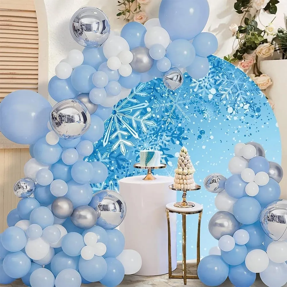 6.5x6.5ft Ice Blue Winter Round Backdrop Cover Snowflakes Winter Wonderland Circle Photography Background for Christmas New Year Party Birthday Baby Shower Decor Portrait Photo Shoot Props