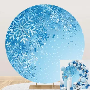 6.5x6.5ft Ice Blue Winter Round Backdrop Cover Snowflakes Winter Wonderland Circle Photography Background for Christmas New Year Party Birthday Baby Shower Decor Portrait Photo Shoot Props
