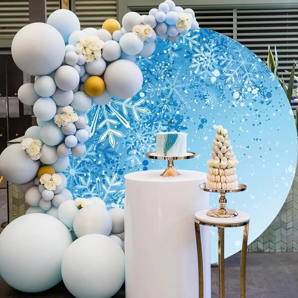 6.5x6.5ft Ice Blue Winter Round Backdrop Cover Snowflakes Winter Wonderland Circle Photography Background for Christmas New Year Party Birthday Baby Shower Decor Portrait Photo Shoot Props