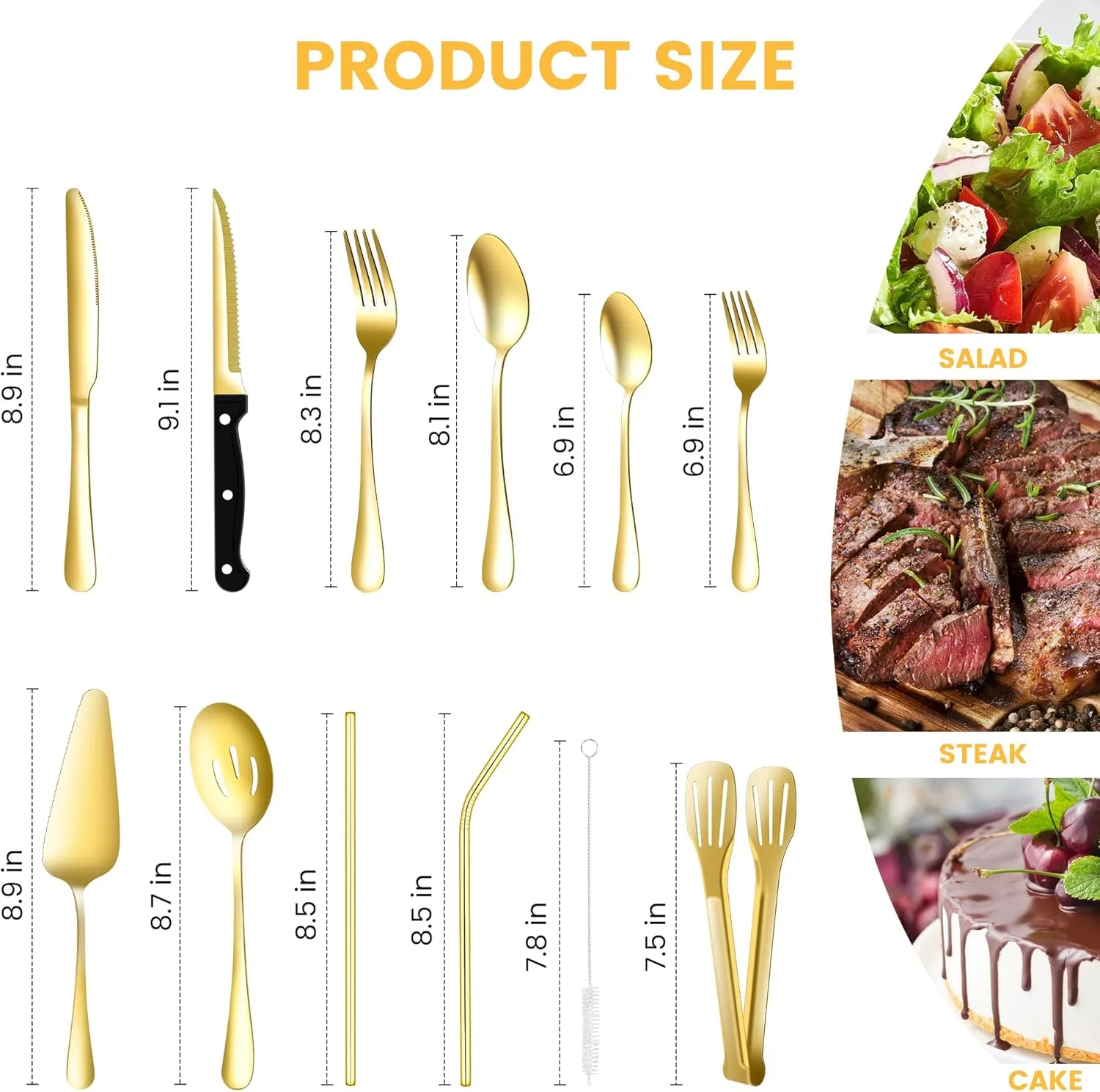 69 Piece Gold Silverware Set with Steak Knife Service For 8, Golden Flatware Cutlery Set Stainless Steel Utensils Mirror Polishe Spoons and Forks with Metal Straw, Slotted Spoons, Tongs, Tableware
