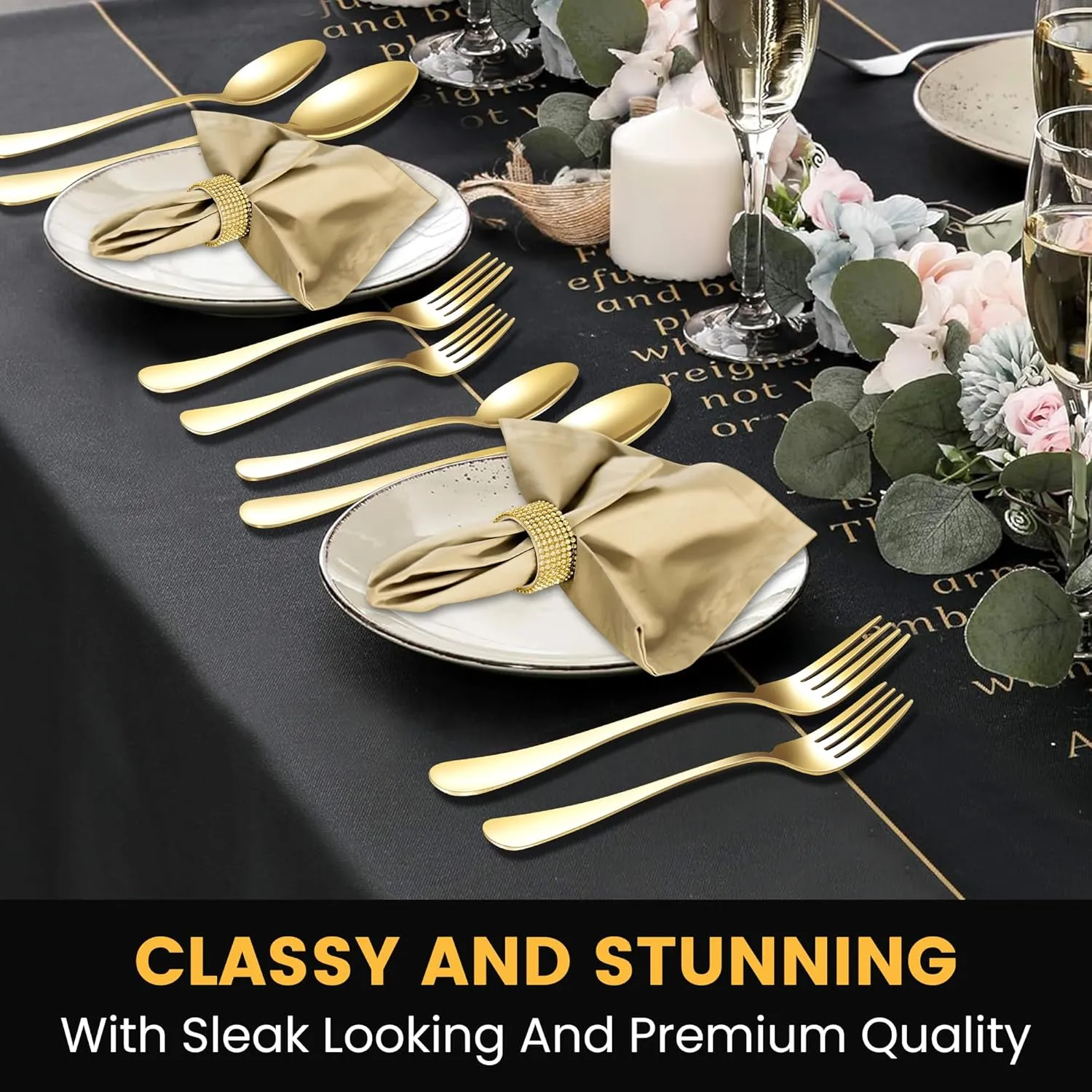 69 Piece Gold Silverware Set with Steak Knife Service For 8, Golden Flatware Cutlery Set Stainless Steel Utensils Mirror Polishe Spoons and Forks with Metal Straw, Slotted Spoons, Tongs, Tableware