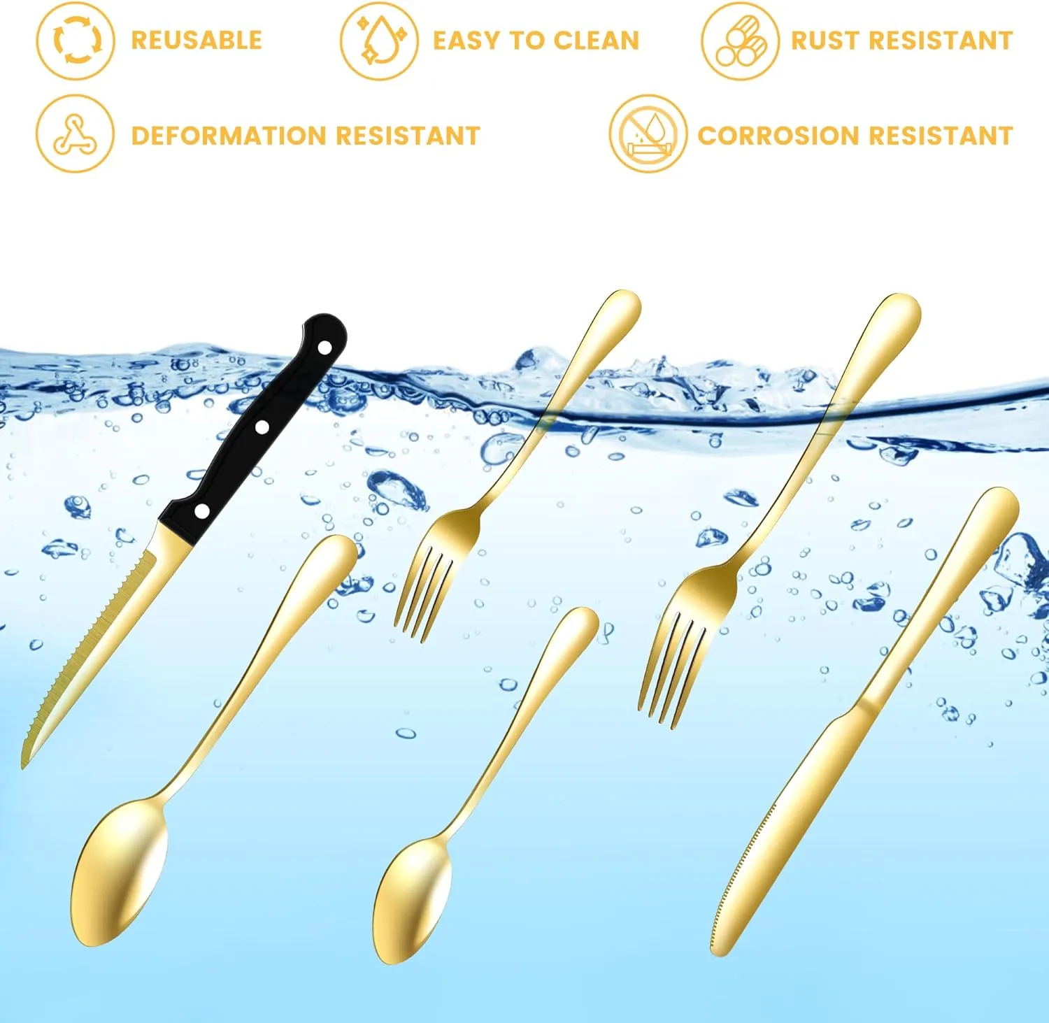69 Piece Gold Silverware Set with Steak Knife Service For 8, Golden Flatware Cutlery Set Stainless Steel Utensils Mirror Polishe Spoons and Forks with Metal Straw, Slotted Spoons, Tongs, Tableware
