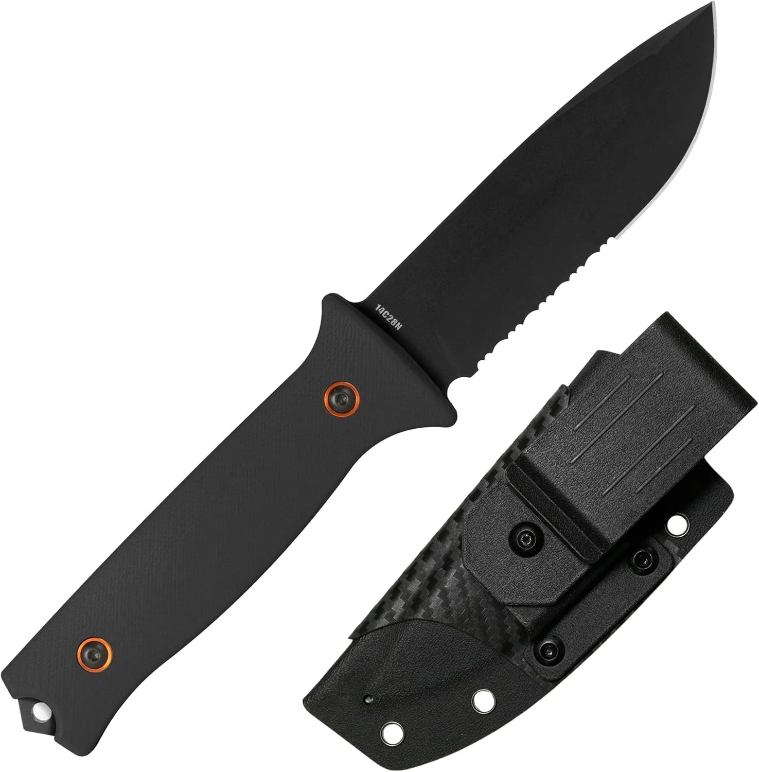 704 Gear Rogue Fixed Blade Knife | Serrated 4.5 inch 14C28N Steel Full Tang Blade, Textured G10 Handle, and Kydex Sheath with Carrying Clip | Black