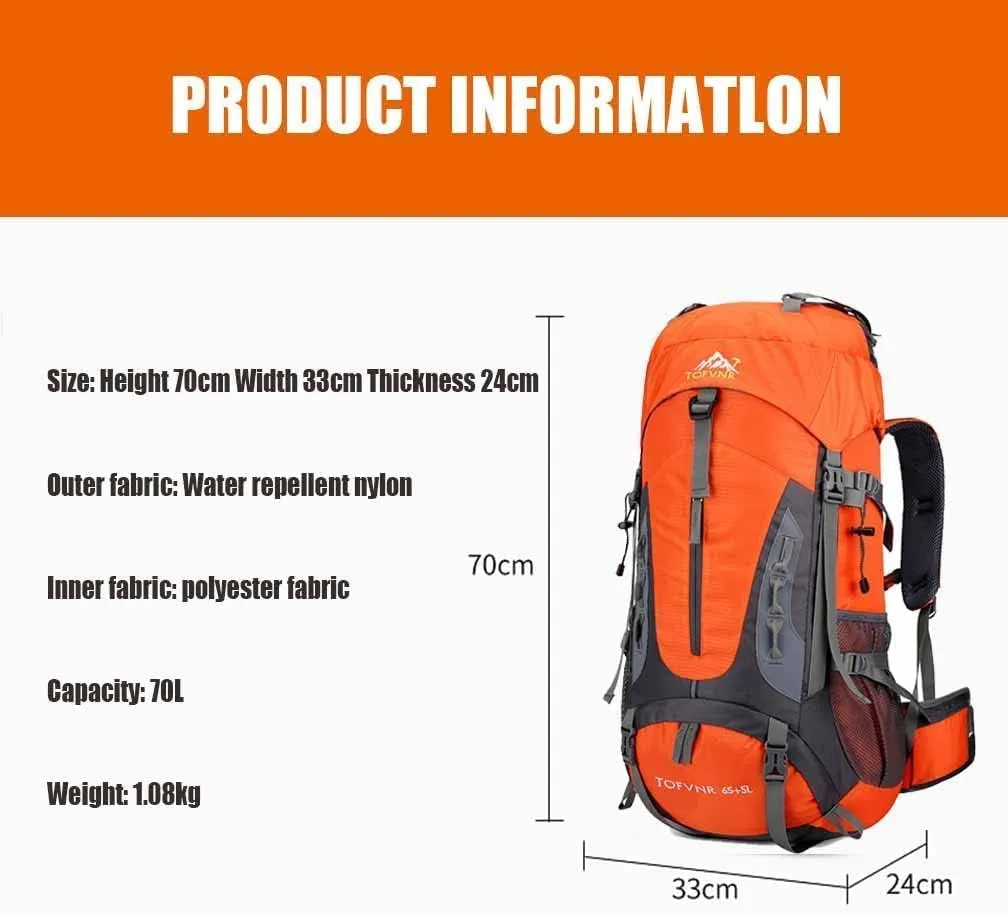 70L Large Camping Hiking Backpack, Lightweight Nylon Trekking Rucksack,For Men Women Outdoor Large Capacity Sports Mountaineering Backpack Climbing Travel Waterproof Daypack, Orange
