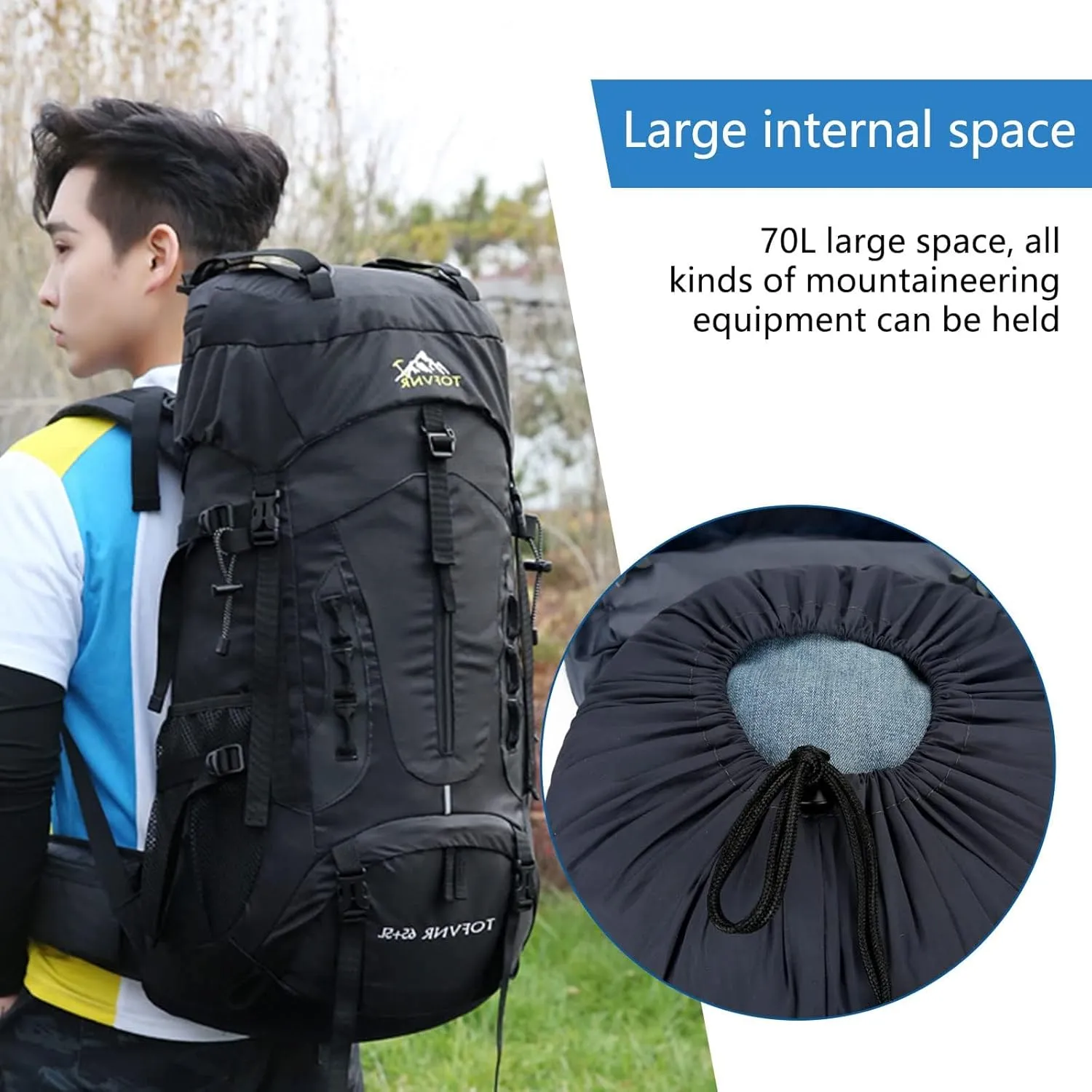 70L Large Camping Hiking Backpack,Lightweight Trekking For Men Women Outdoor Large Capacity Mountaineering Waterproof Daypack (Royal blue), 27.56in*13in*9.44in