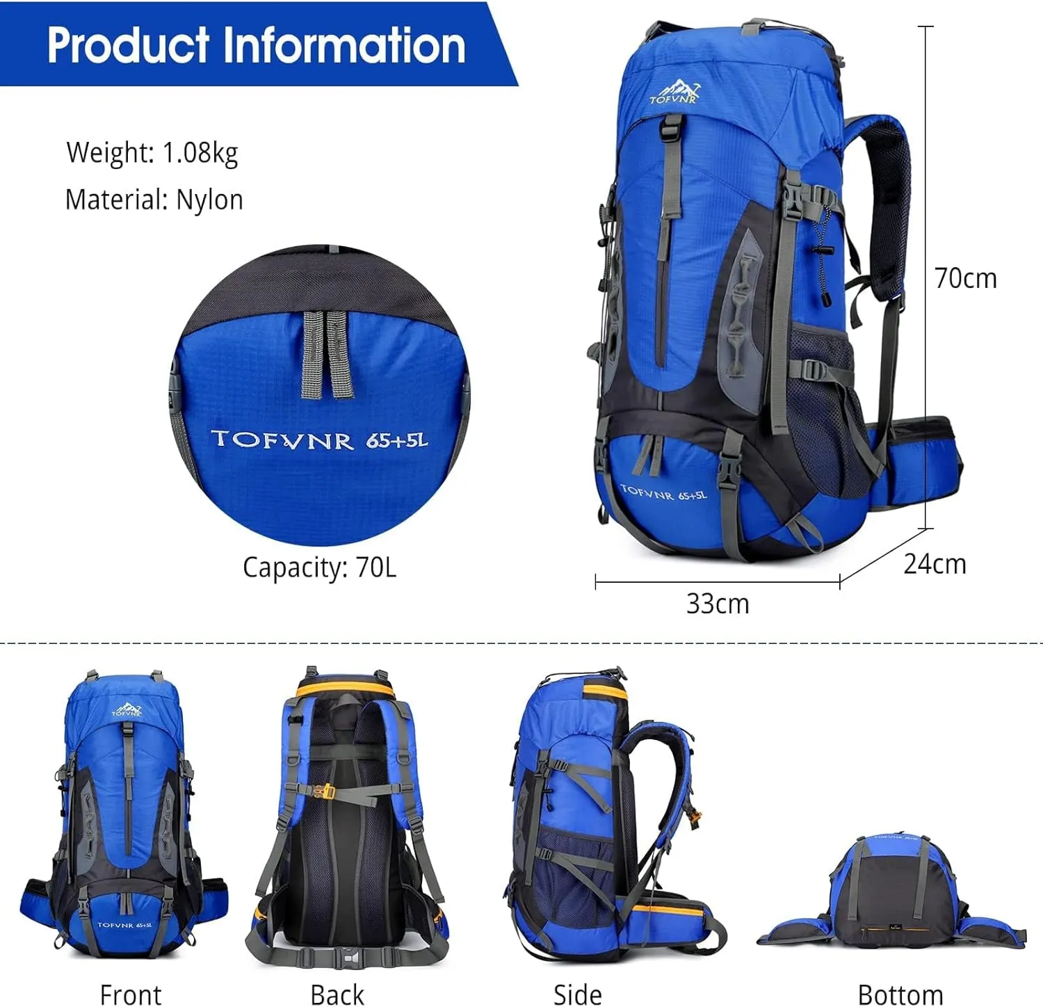 70L Large Camping Hiking Backpack,Lightweight Trekking For Men Women Outdoor Large Capacity Mountaineering Waterproof Daypack (Royal blue), 27.56in*13in*9.44in