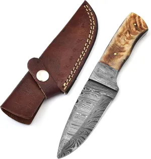 8 Inches Beautiful Damascus Knife Made Of Remarkable Damascus Steel Ram Handle -Ideal Hunting Knife With Sheath TJ108