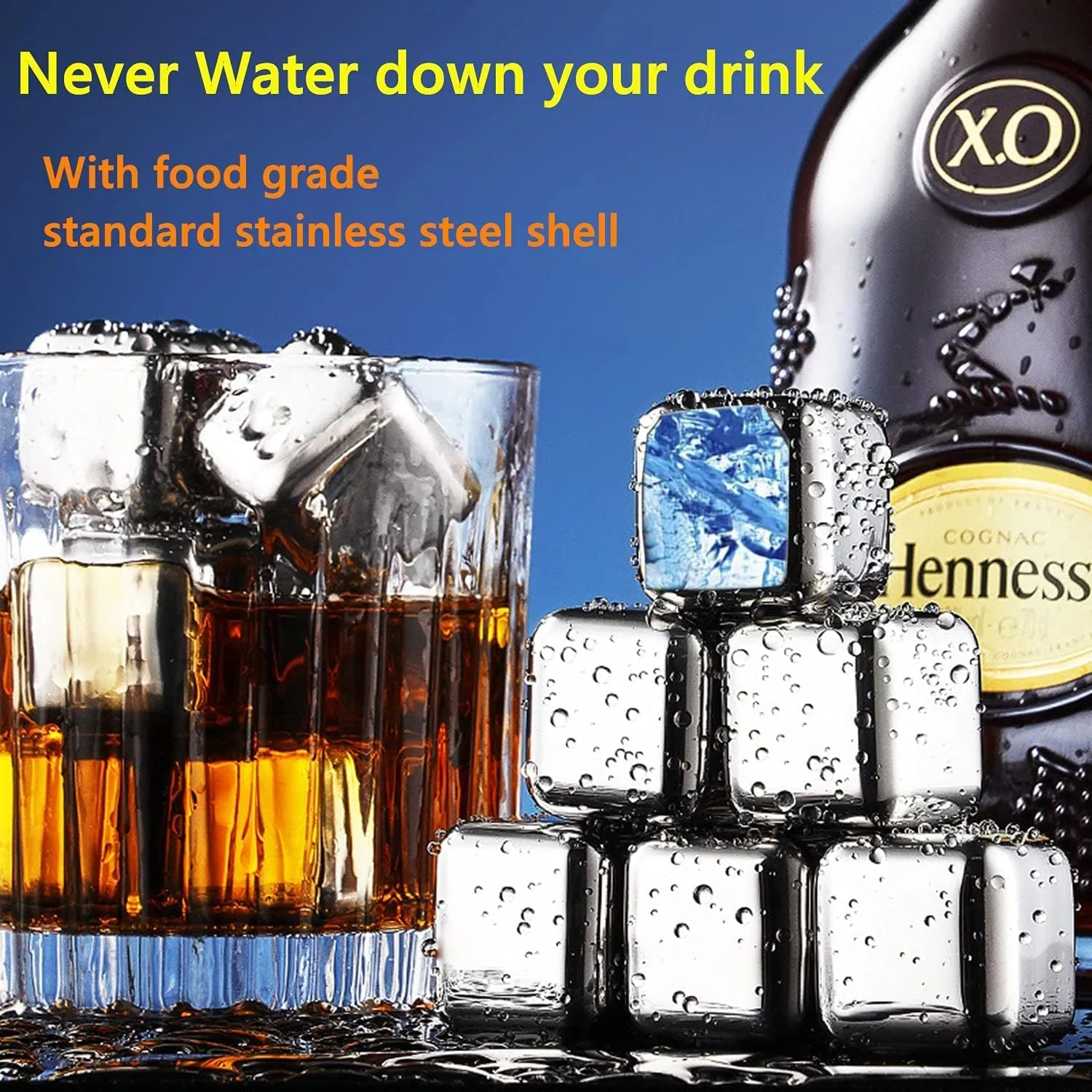 8-Pack Whiskey Ice Cubes Set, Reusable Stainless Steel Ice Cubes for Scotch, Bourbon, Vodka, Liqueurs, Wine or Beverage Juice, Barware Tool Set with Ice Tongs & Disposable Ice Cube Bags