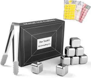 8-Pack Whiskey Ice Cubes Set, Reusable Stainless Steel Ice Cubes for Scotch, Bourbon, Vodka, Liqueurs, Wine or Beverage Juice, Barware Tool Set with Ice Tongs & Disposable Ice Cube Bags