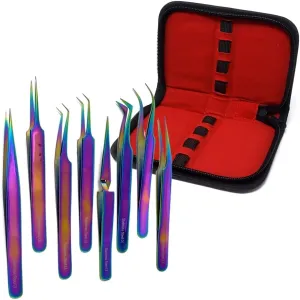 8 PCS Stainless Steel Straight, Curved, Angled Tip Multicolor Tweezers Nippers for Eyelash Extensions and Nail Art Sticker Rhinestone Eyelash Picker Acrylic Gel Nail DIY Art