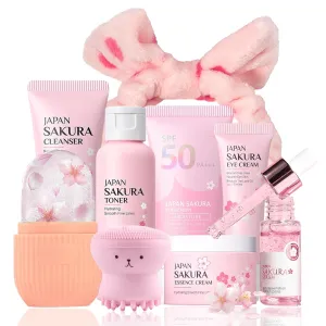9 Pcs Japan Sakura Skin Care Set Women Gifts - Japanese Skin Care for Teens 10-12 - Teen Skin Care Kit Hydrating Nourishing - Travel Size Face Care Set for Women with Sunscreen, Headband, Ice Roller