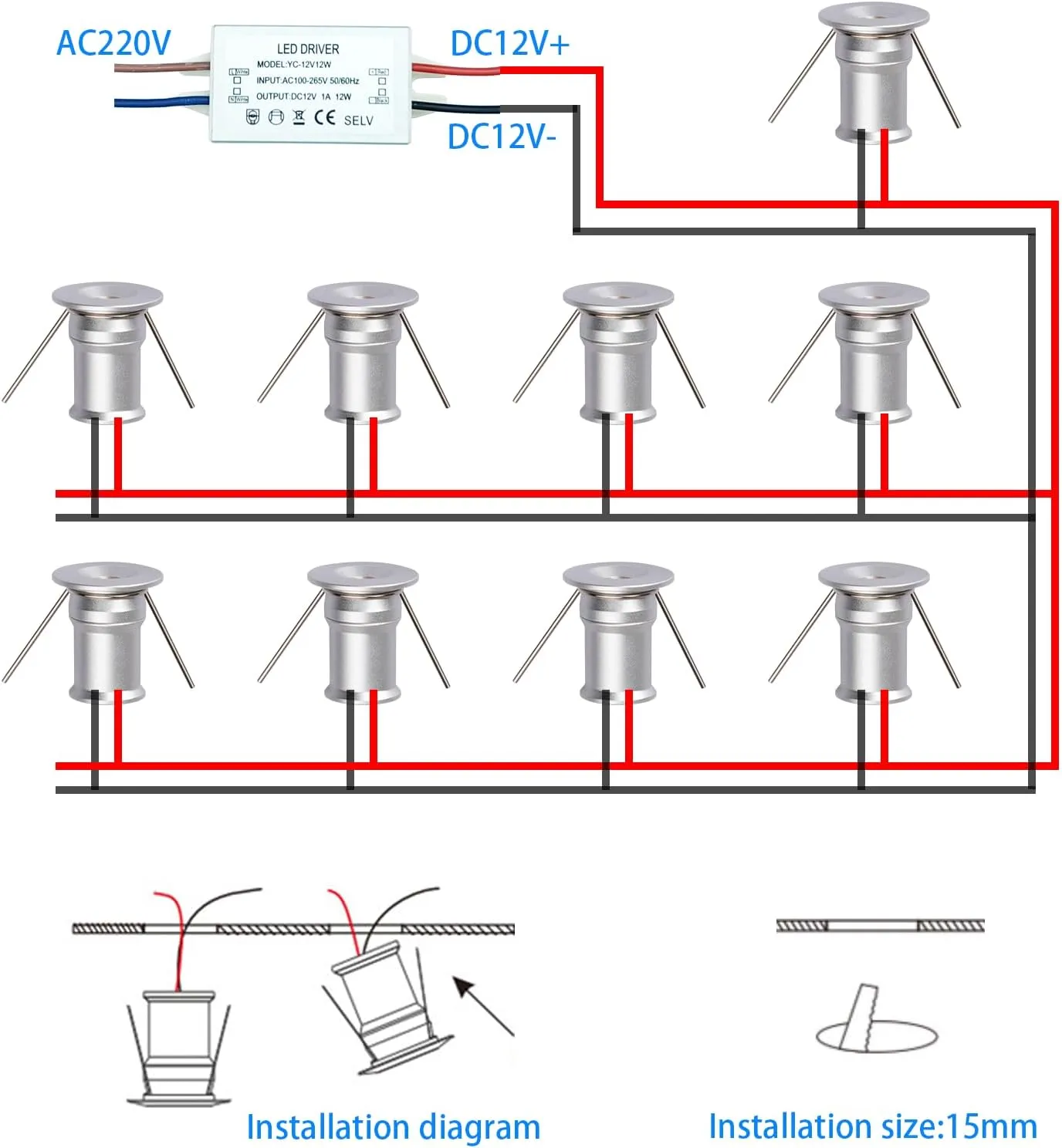 902 Led Mini Downlight DC12V 1W,Suitable for bookcases,cabinets,and Various Display cabinets as Decorative Lights,Embedded Installation,Soft Lighting,with Power Supply (3000K,White,9Pack)