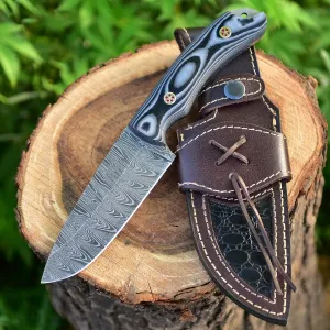 9.5" Overall Length Handmade Damascus Steel Fixed Blade Knife For Hunting, Skinning With Micarta Handle And Leather Sheath M-182