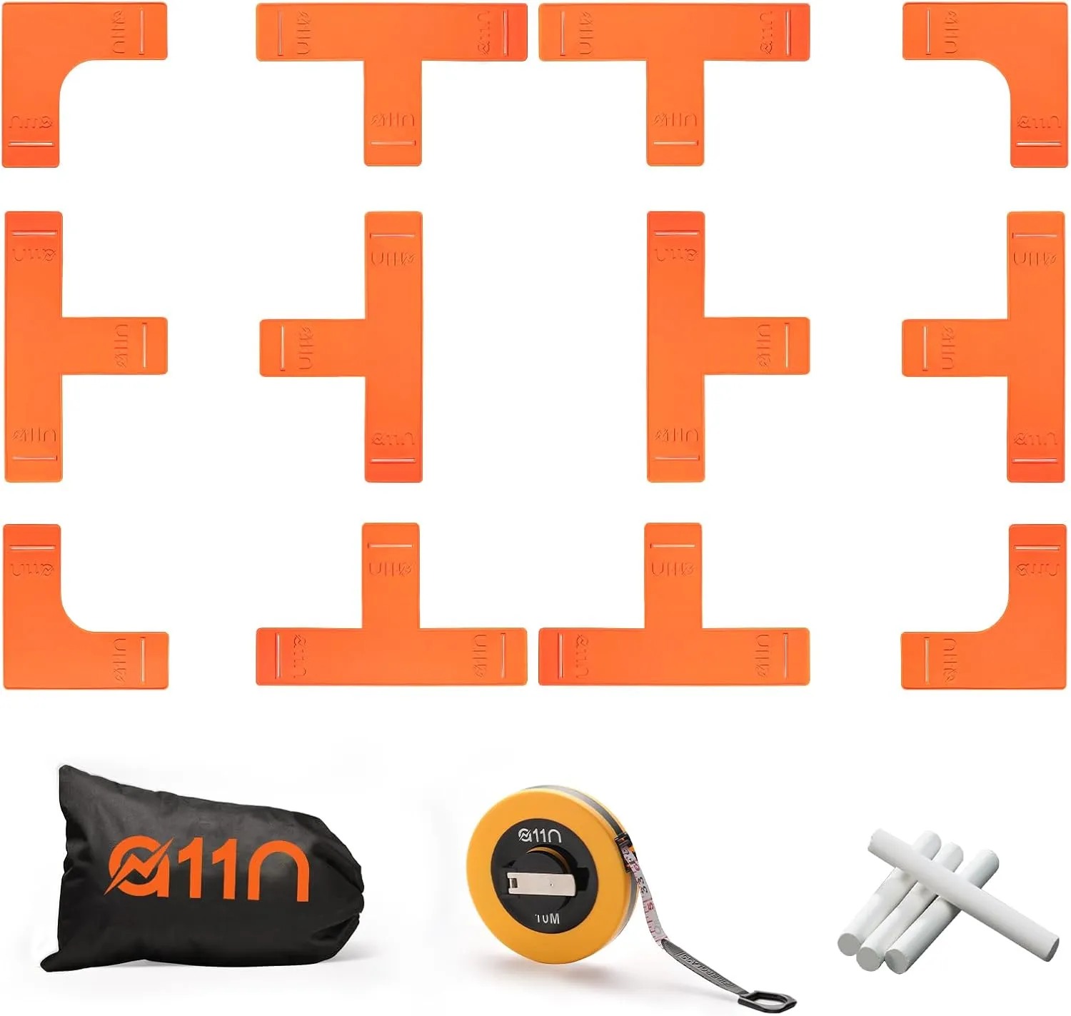 A11N SPORTS Pickleball Court Marking Kit - Throw Down Markers with 33ft Long Tape Measure, Chalk and Carrying Bag, Yellow/Neon Orange
