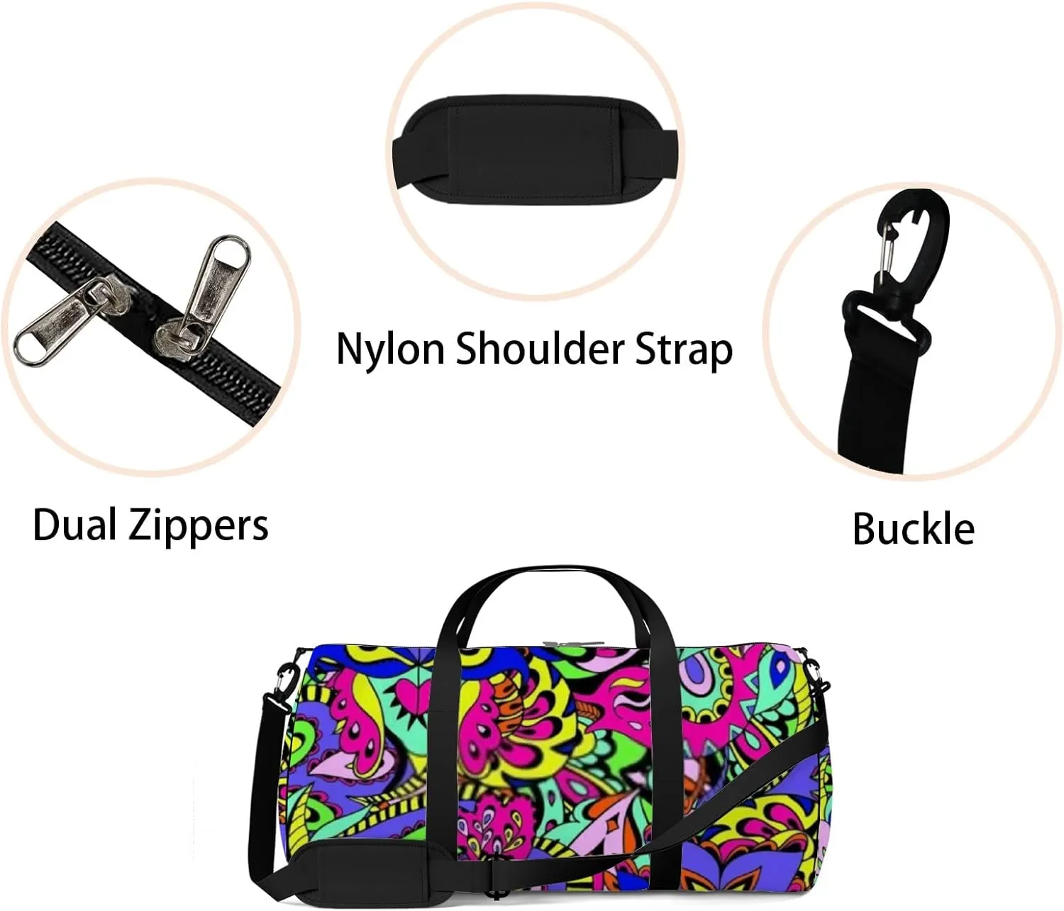 Abstract Colorful Seamless Psychedelic Pattern Sports Bag Tote Bag Waterproof Gym Bag with Shoulder Strap Zipper 2 Side Pockets for Men and Women, Travel and Storage Shoulder Bag.