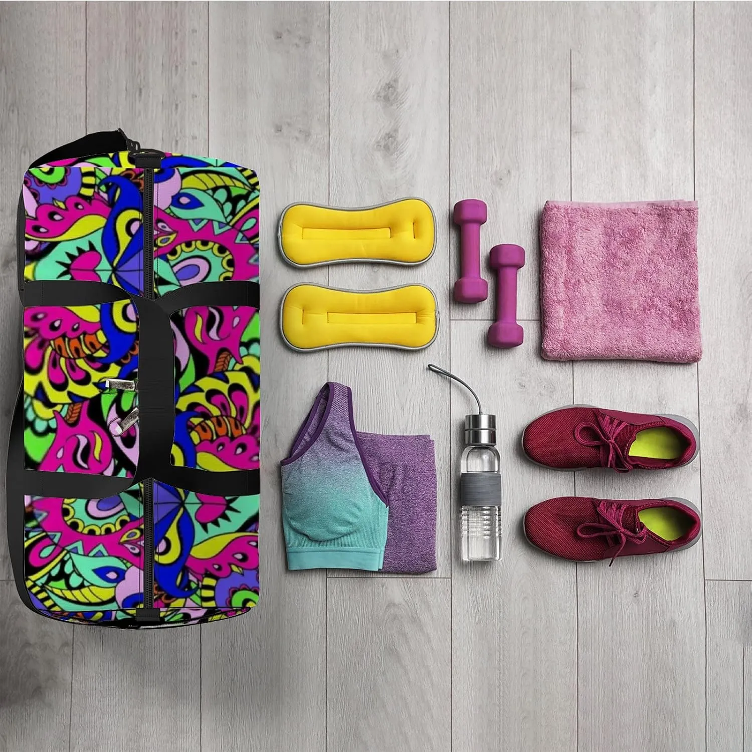Abstract Colorful Seamless Psychedelic Pattern Sports Bag Tote Bag Waterproof Gym Bag with Shoulder Strap Zipper 2 Side Pockets for Men and Women, Travel and Storage Shoulder Bag.