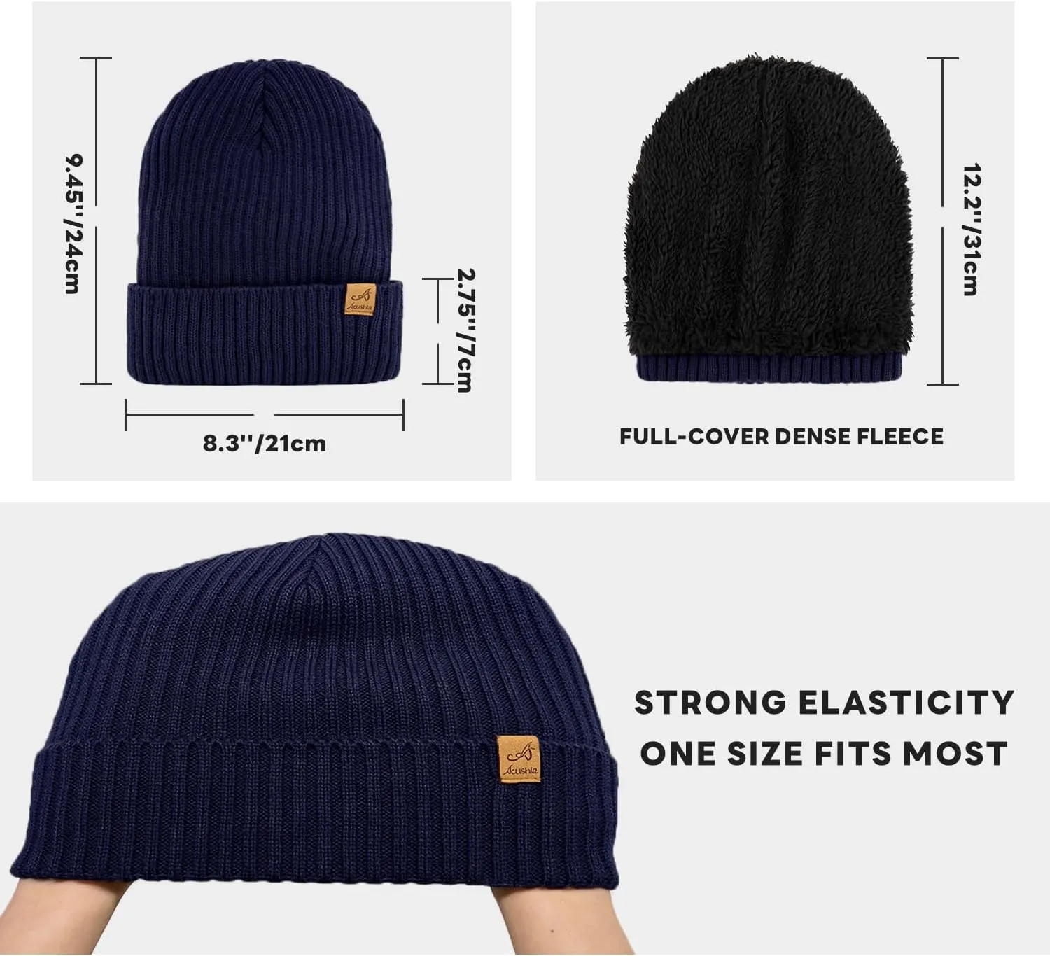 ACUSHLA Waterproof Windproof Cuff Beanie - Thick Fleece Lined Knit Winter Hat for Men & Women Warm Watch Cap for Cold Weather
