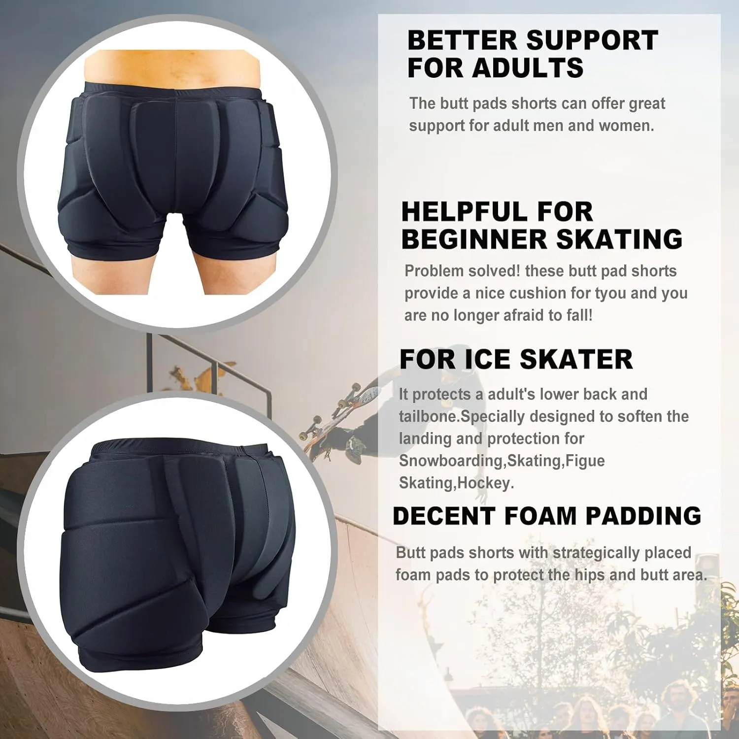 Adult Protective Padded Shorts 3D Hip Butt Pads Shorts for Skating, Snowboard and Ski