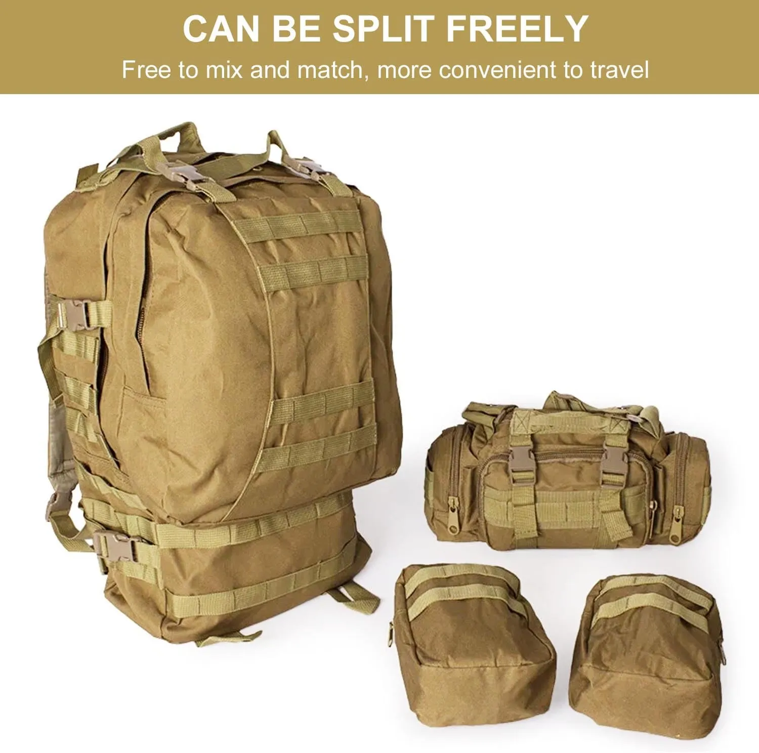 aiGear Tactical Backpack for Men, 55L Military Backpack, 3-Day Bug Out Bag for Camping Hiking Hunting with Molle System Army Daypack (55L Khaki)