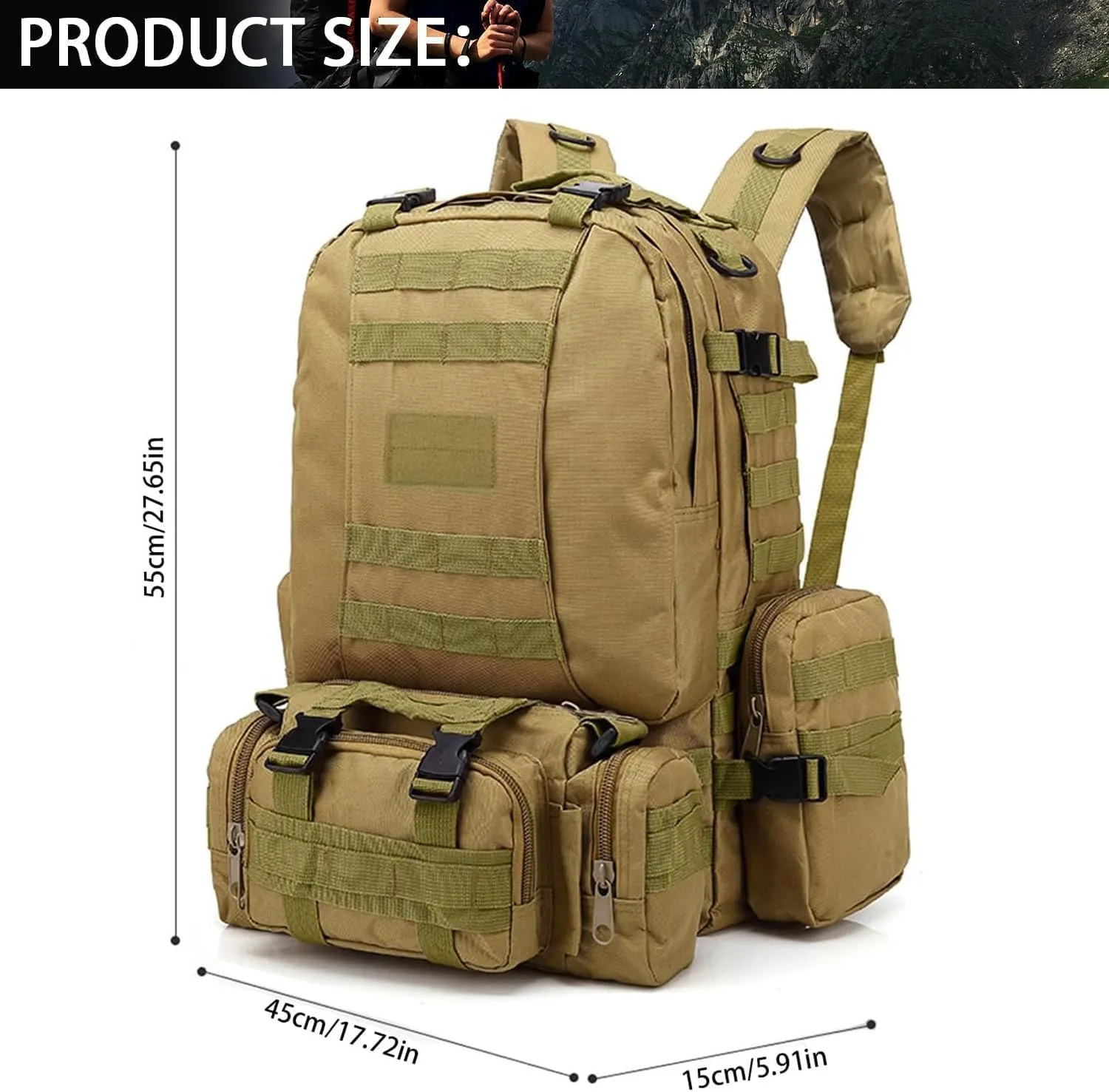 aiGear Tactical Backpack for Men, 55L Military Backpack, 3-Day Bug Out Bag for Camping Hiking Hunting with Molle System Army Daypack (55L Khaki)