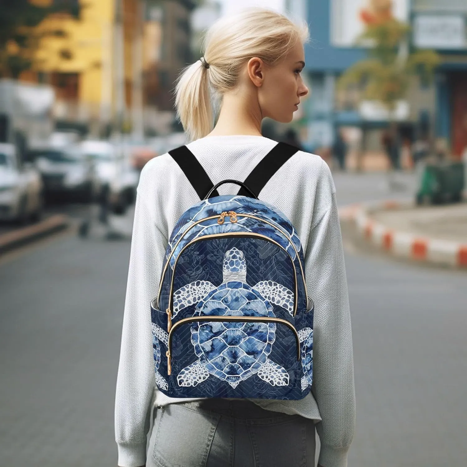 ALAZA Blue White Sea Turtle Small Backpack Purse for Women Travel Bag Lightweight Shoulder Bag Fashion Daypack