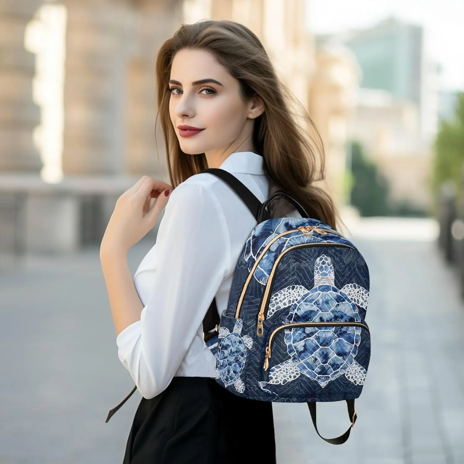 ALAZA Blue White Sea Turtle Small Backpack Purse for Women Travel Bag Lightweight Shoulder Bag Fashion Daypack