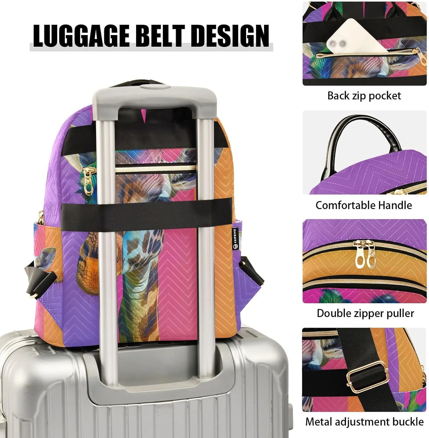 ALAZA Colorful Giraffe Small Backpack Purse for Women Travel Bag Lightweight Shoulder Bag Fashion Daypack